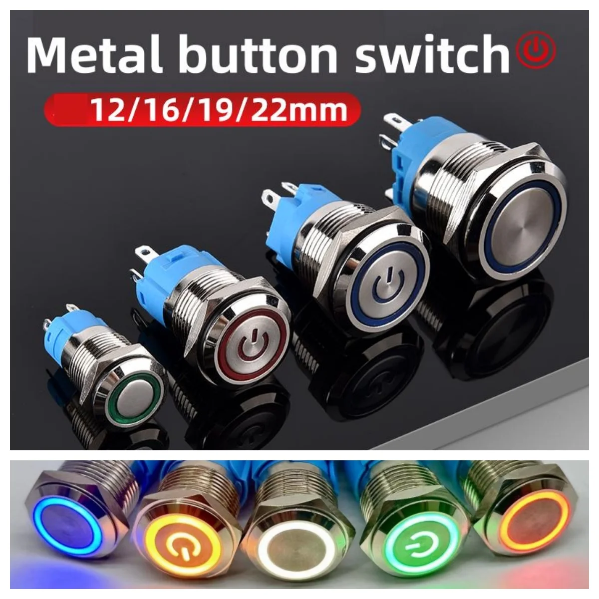 12 16 19 22MM Metal Button Switch LED Light Waterproof Momentary Self-Locking Car Engine Power Supply 3V5V6V12V24V 220V Red Blue