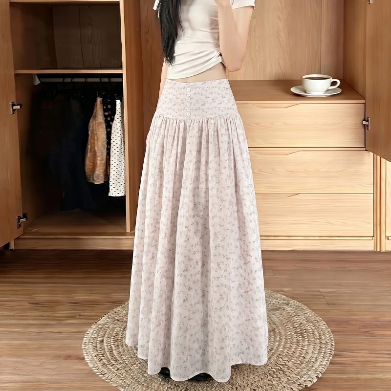 

Printed Floral Skirt Summer Women High Waist A-line Loose Casual Pink Button Decoration Side Zipper Long Skirt Maxi Korean Chic