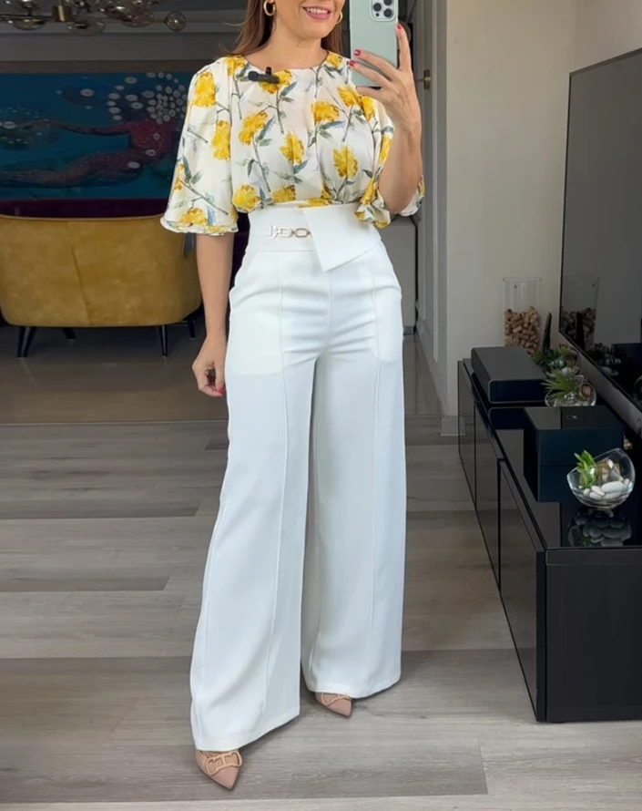 

2-Piece Floral Print Bell Shaped Sleeve Satin Top and Casual High Waisted Wide Leg Pants Set for Women's Elegant Commuting Set