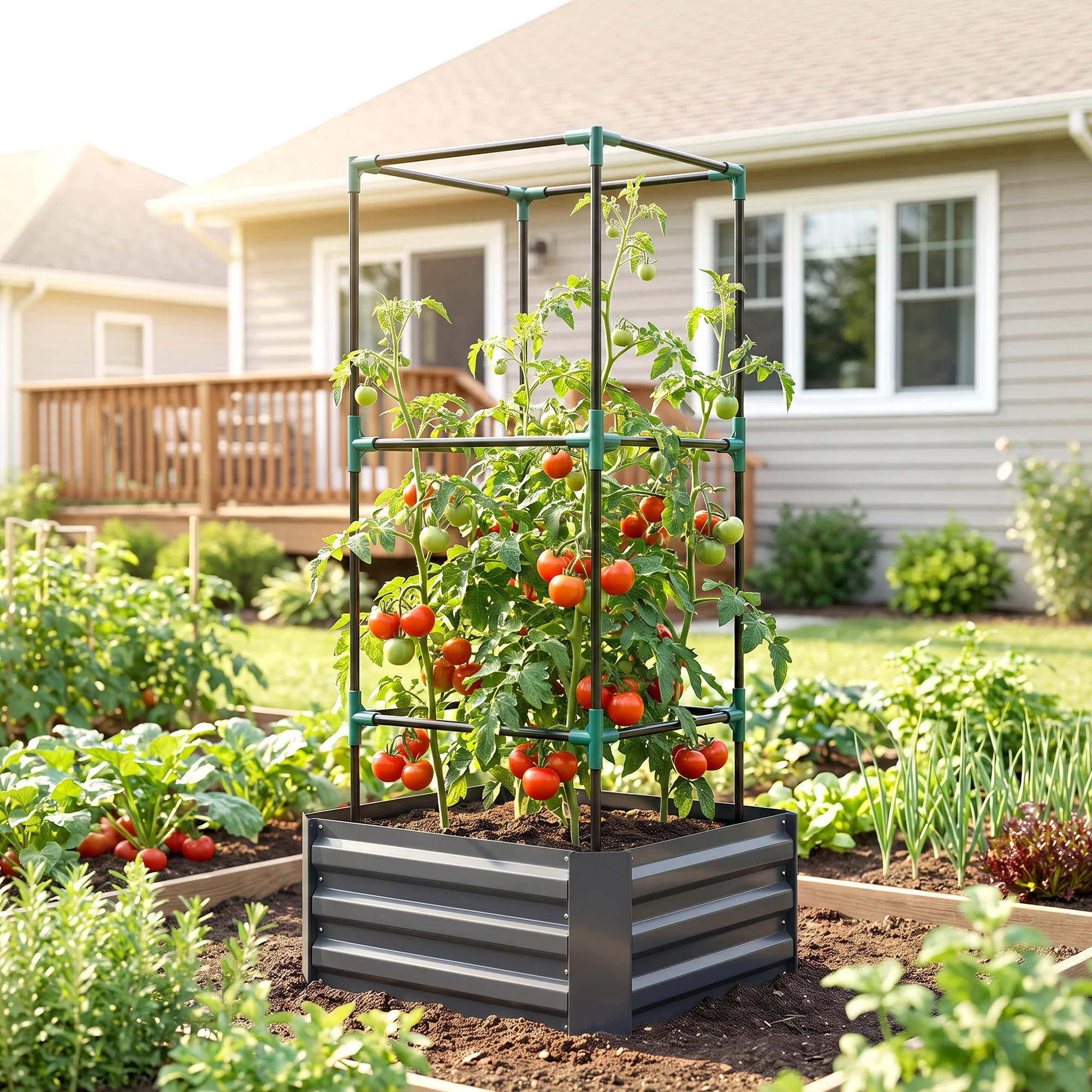Galvanised Raised Garden Bed with Tomato Cage, Open Bottom, Dark Gray