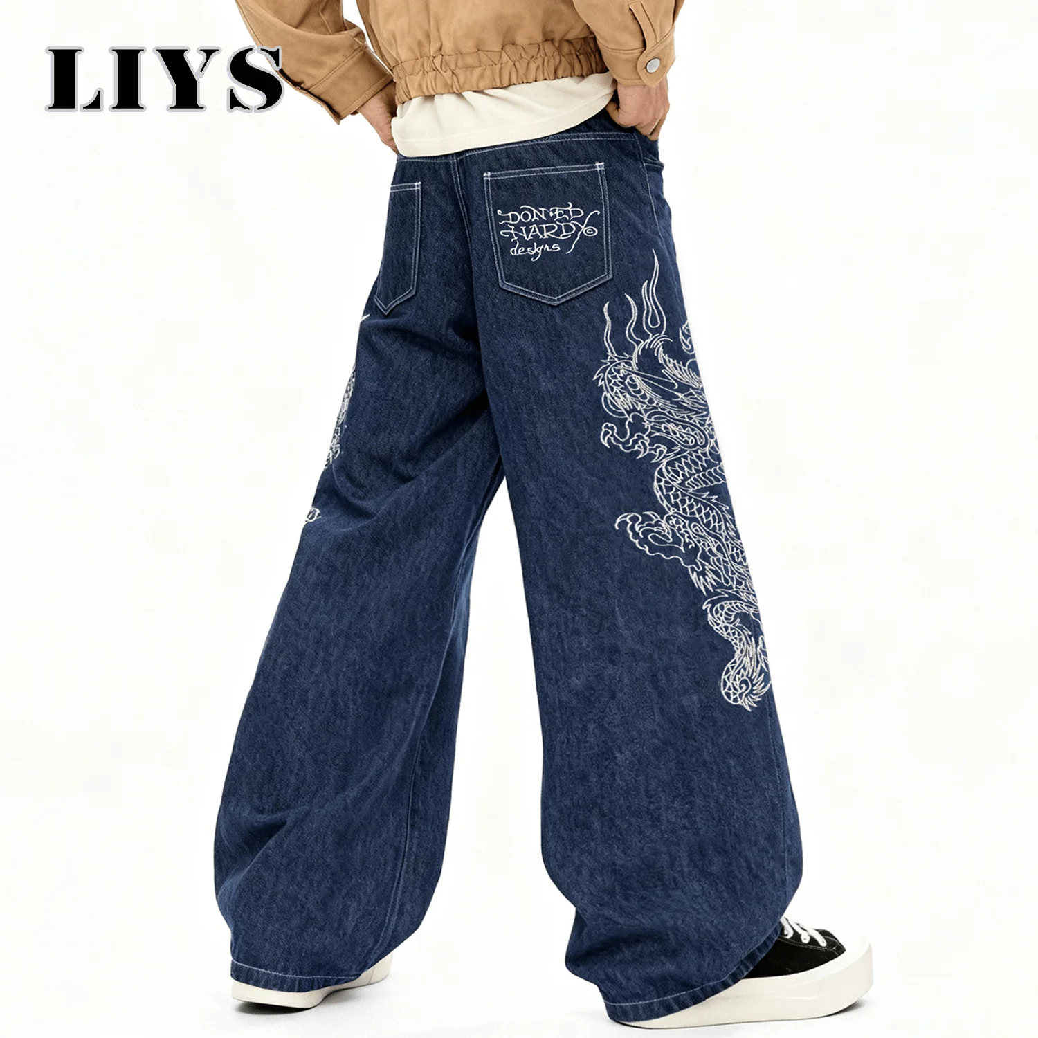 

Корейские уличные синие мешковатые широкие мужские джинсы с индивидуальным рисунком белого дракона, джинсовые брюки с вышивкой, готические мужские джинсы унисекс