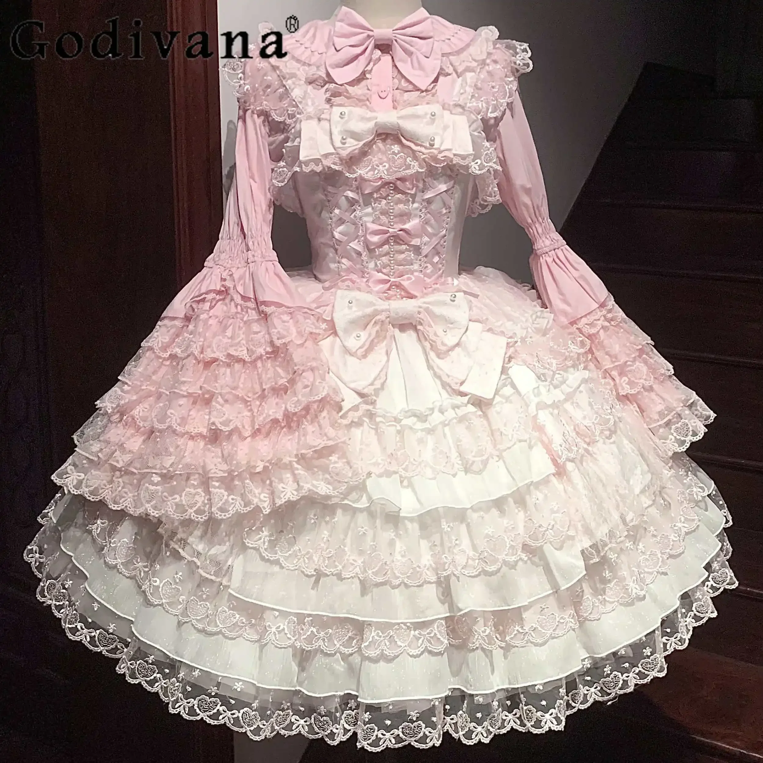 Damska różowa sukienka Lolita Jsk Bow Lace Stitching Cute Sweet Girls Suspender Dress Lady Long Sleeve Inner Shirt Y2k Hairpin Cloak