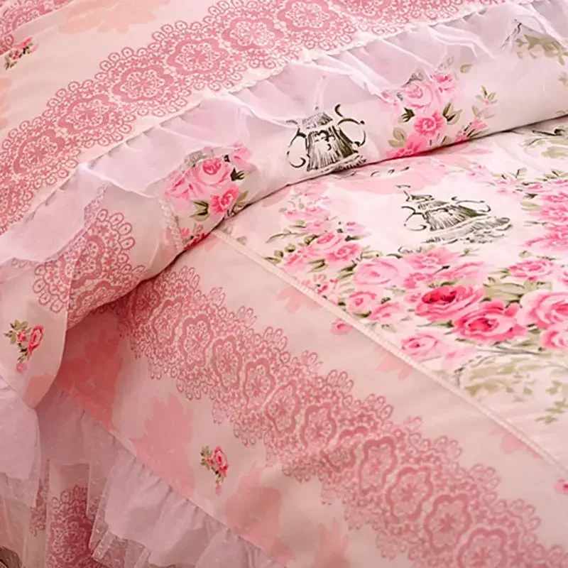 

Pink 100% Cotton Bedding Set Korean Princess Flowers Print Lace Ruffle Duvet Cover Bed Skirt Bedspread Pillowcases Home Textile