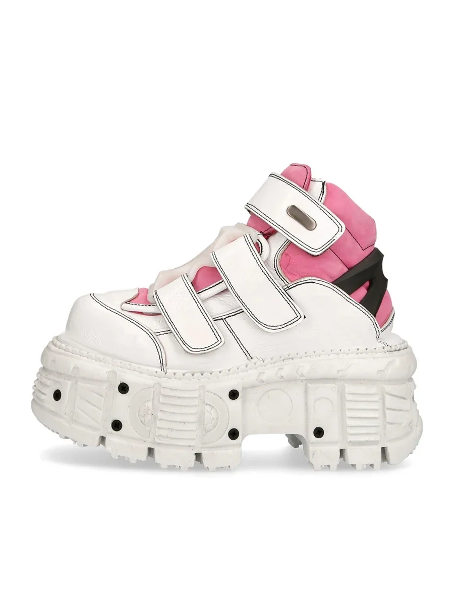 

2025 New Retro Dad Shoes Metal Punk Leather Shoes White Pink Mixed Tank Sole Fashion High-Top Wedges Thick-Soled Boots