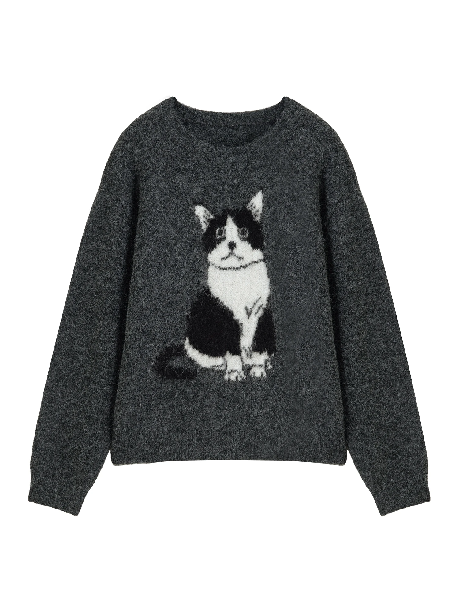 ZIQIAO 2025 Women's Petite Round Neck Pullover Cat Jacquard Knit Sweater Loose Oversized Soft Wool Blend Top Cozy Winter Fashion