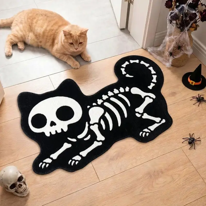 VIKAMA Skeleton Cat Shaped Bath Mat Halloween Black White Xray Kitten Non Slip Water Absorbent Bathroom Rug Gothic Home Decor
