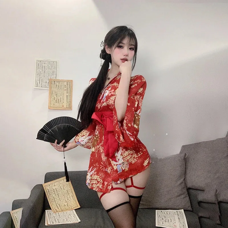 Bata tipo kimono japonesa para mujer, vestido de lencería, cárdigan Sakura, camisones sexys con lazo grande, albornoz Kawaii, ropa para el hogar con Pantya