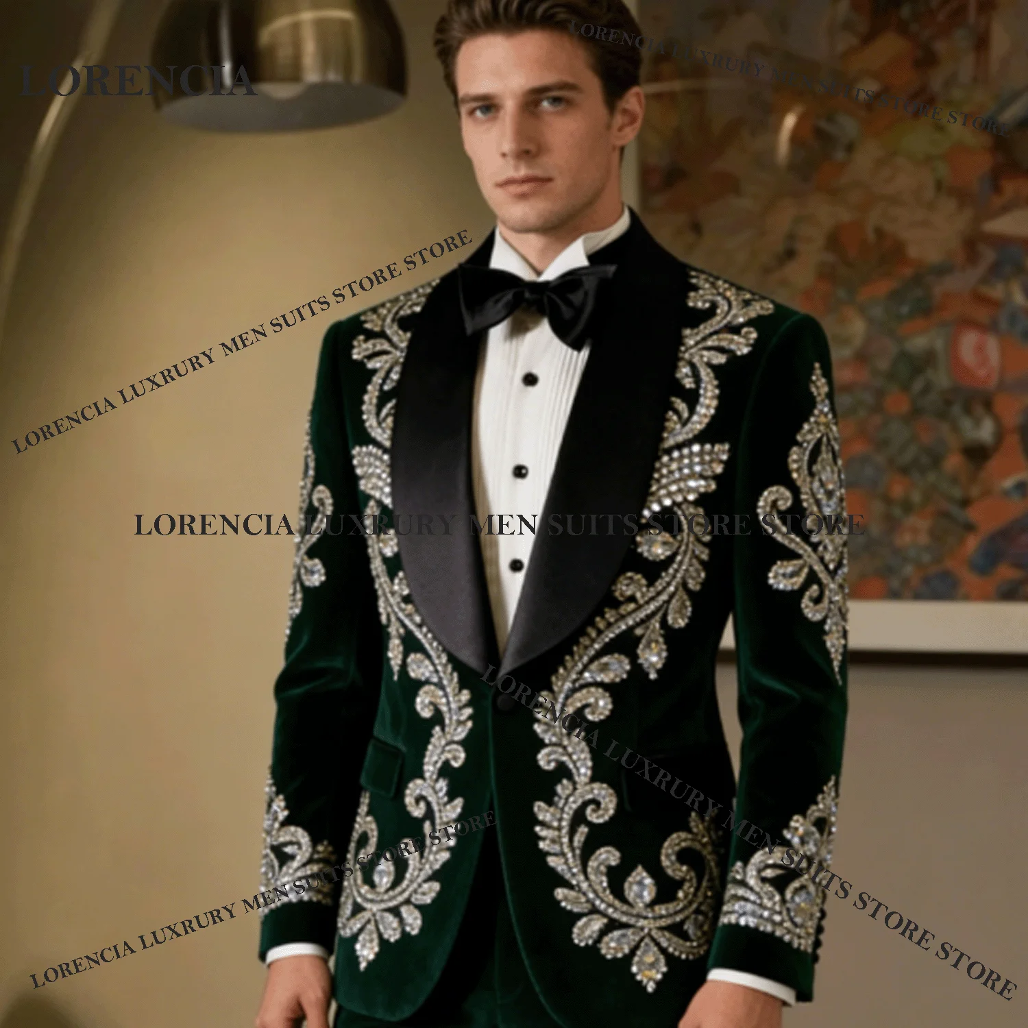Glitter Velvet Diamond Men Suits Customized Luxury Lapel Wedding Groom Tuxedos 2 Pieces Sets Male Prom Blazer trajes para hombre