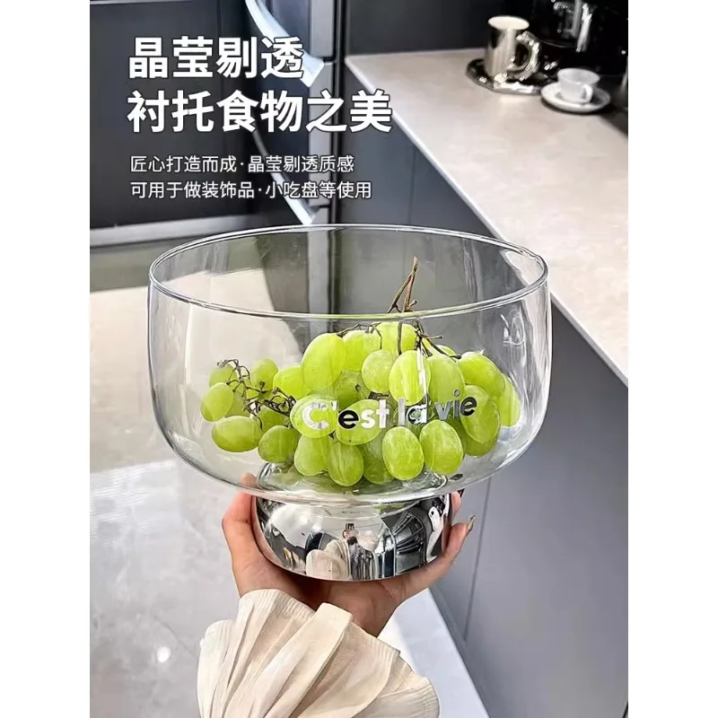 Fruit plate, glass bowl, household living room, coffee table, modern high-end light luxury style, high-end high foot decoration,