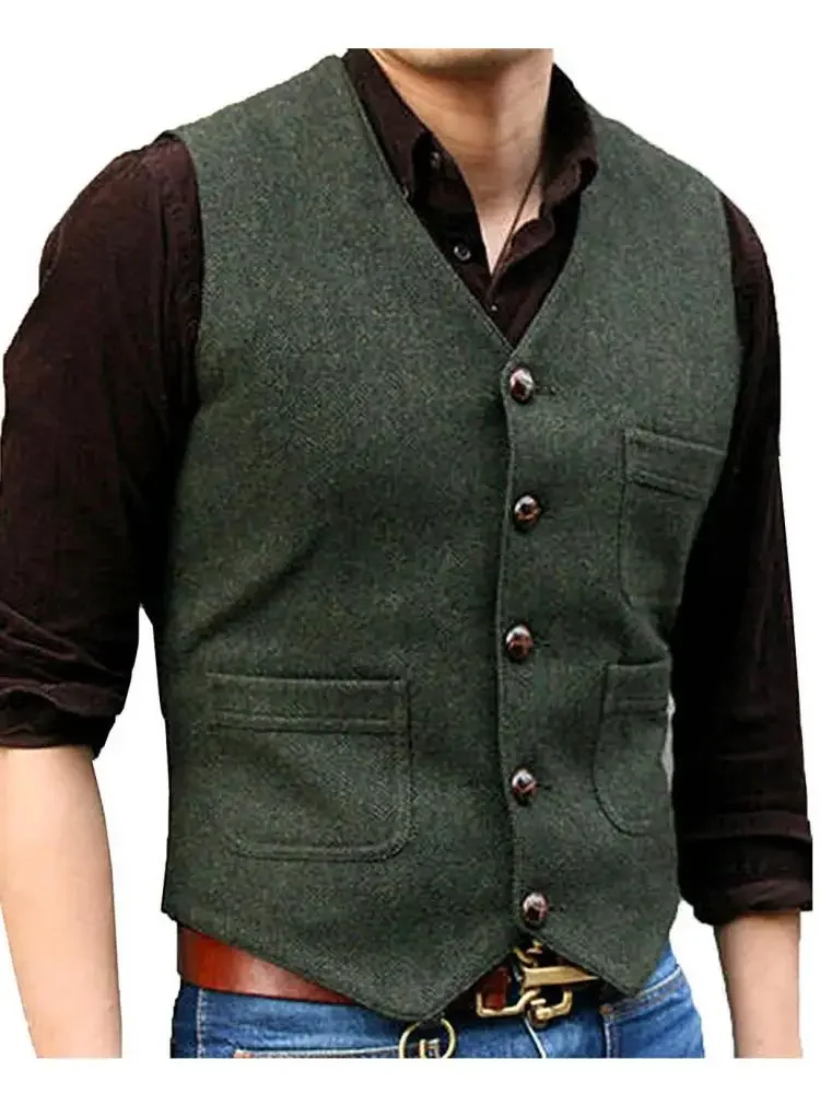 Men's Herringbone Tweed Wool Suit Vest 2025 Groomsman Single Breasted Vest Males Smart Casual Waistcoat Plus Size Daily Clothes