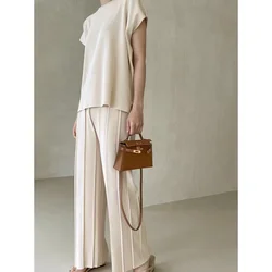 Women Summer Two Piece Set Blouse Wide Leg Pants Suit Split Top Round Neck Solid Color Trouser Suits Loose Fit Casual Outfits