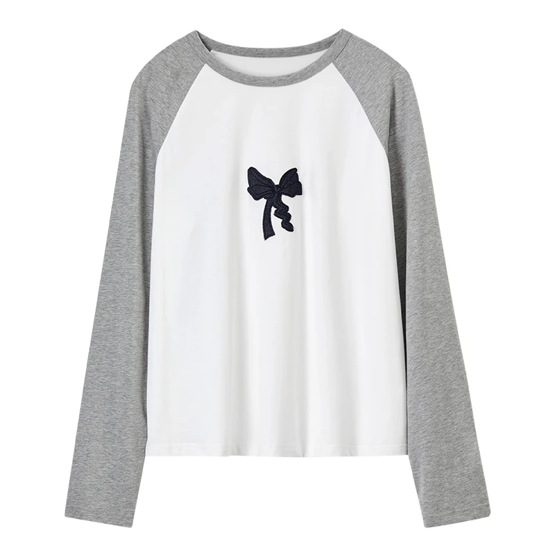 SENTUBILA Cotton Embroidery T-shirts Women 2025 Spring Casual Bow Print Long Sleeve Tee Shirt Tops Teen Girls Clothes 151T58759