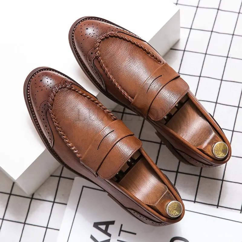 

Loafers Men Casual Shoes Slip On Leather Dress Shoes Big Size 38-47 Brogue Carving Loafer Driving Shoes