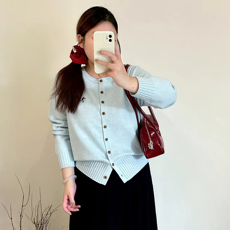 

plus Size Women's round Ne Embroidered Dog Sweater Casual Loose Knitted Open Cardigan Sweet Sle Winter Faion 2025