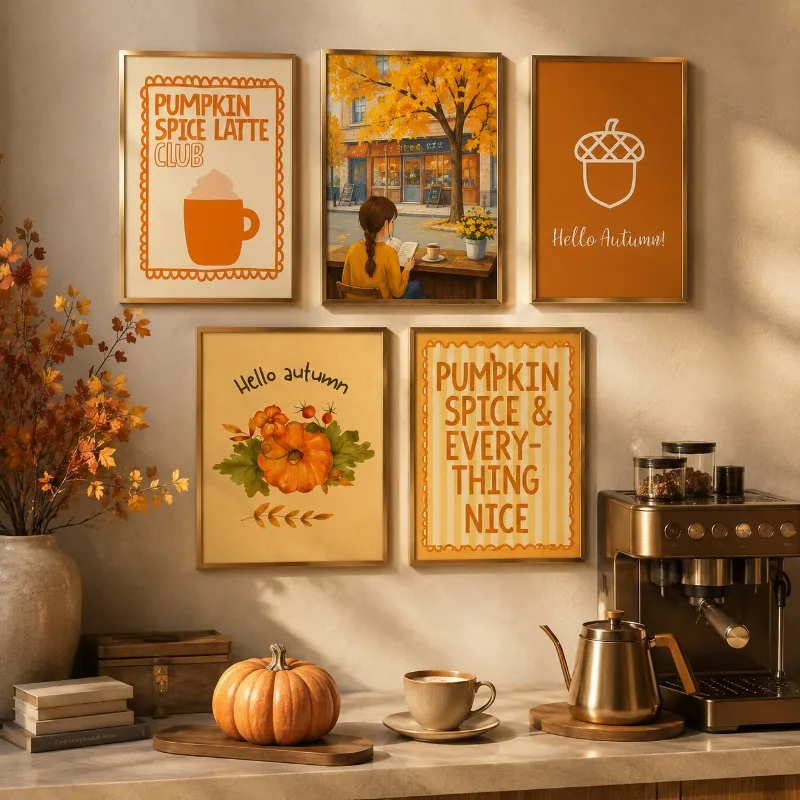 Pumpkin Spice Latte Canvas Wall Art Hello Autumn Coffee Shop Print Poster Farmhouse Kitchen Decor Dining Room Thanksgiving Gift