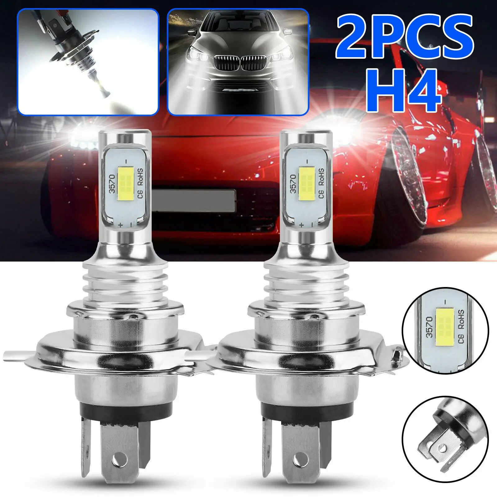 2X H4 9003 Hb2 6000K Super White Csp Led Headlight Bulb Kit High Low Beam Canbus