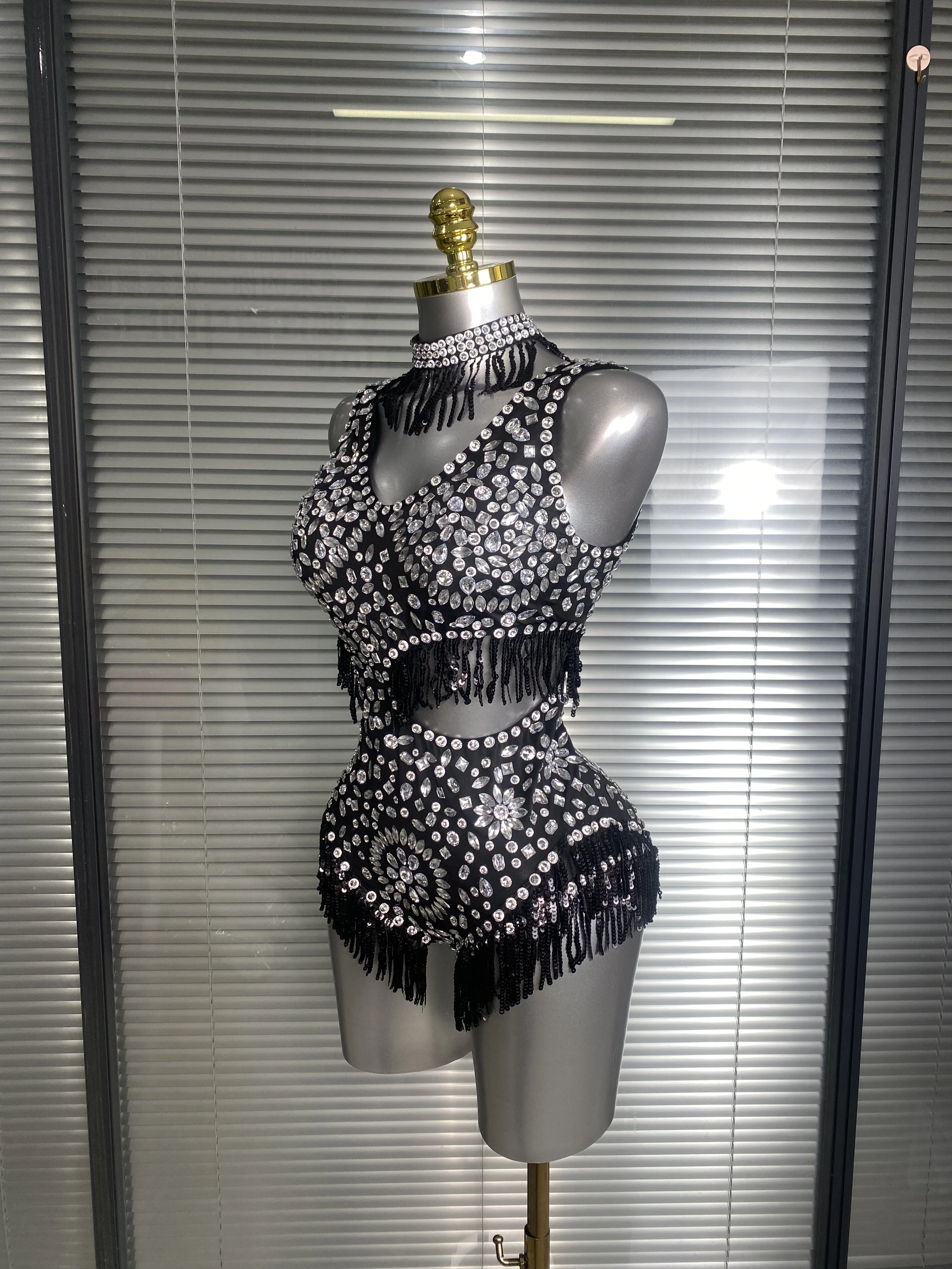 Sparkly Rhinestone Fringe Bodysuit Women Sleeveless Sexy Backless One Piece Stage Performance Costume