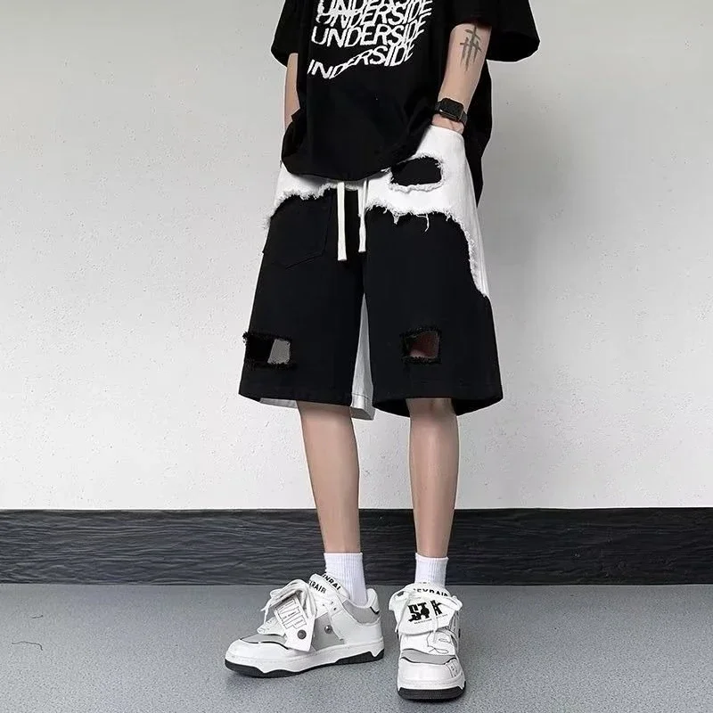 

Oversize With Pockets Half Baggy Big Size Loose Bermuda Man Denim Shorts Wide Short Jeans Pants for Men Ripped Drawstring Long