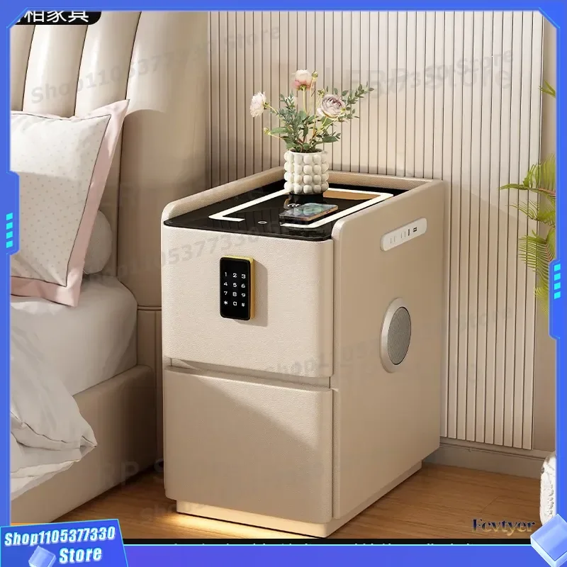 Modern Leather Bedside Table with Wireless Charging Socket and Password Lock Smart Nightstand for Bedroom No Assembly