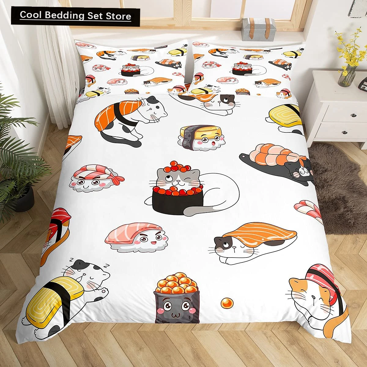 

Japanese Sushi King Queen Duvet Cover Little Cat Bedding Set Novelty Cartoon Pet Animal Japan Food White Polyester Quilt Cover