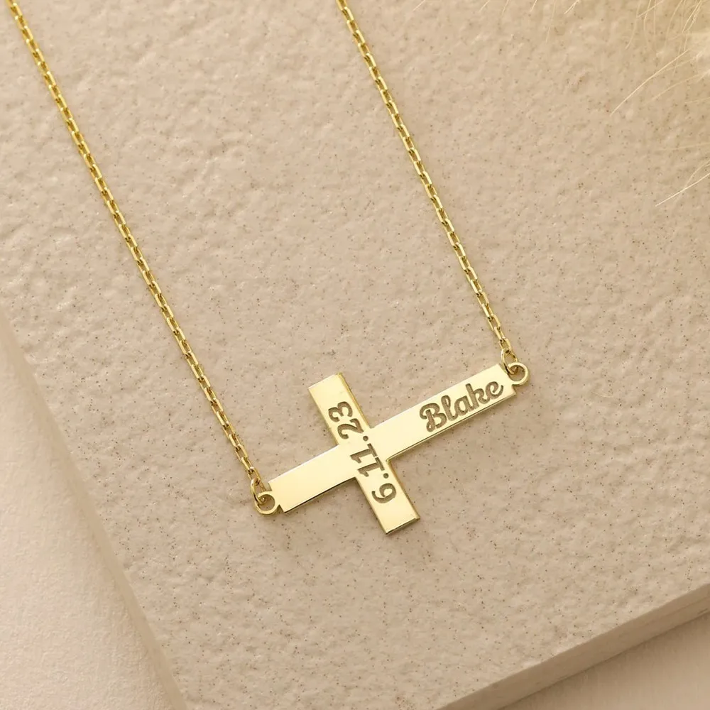 Custom Cross Necklace Dainty Personalized Engraved Name Date Necklaces  for Women Trendy Everyday Jewelry