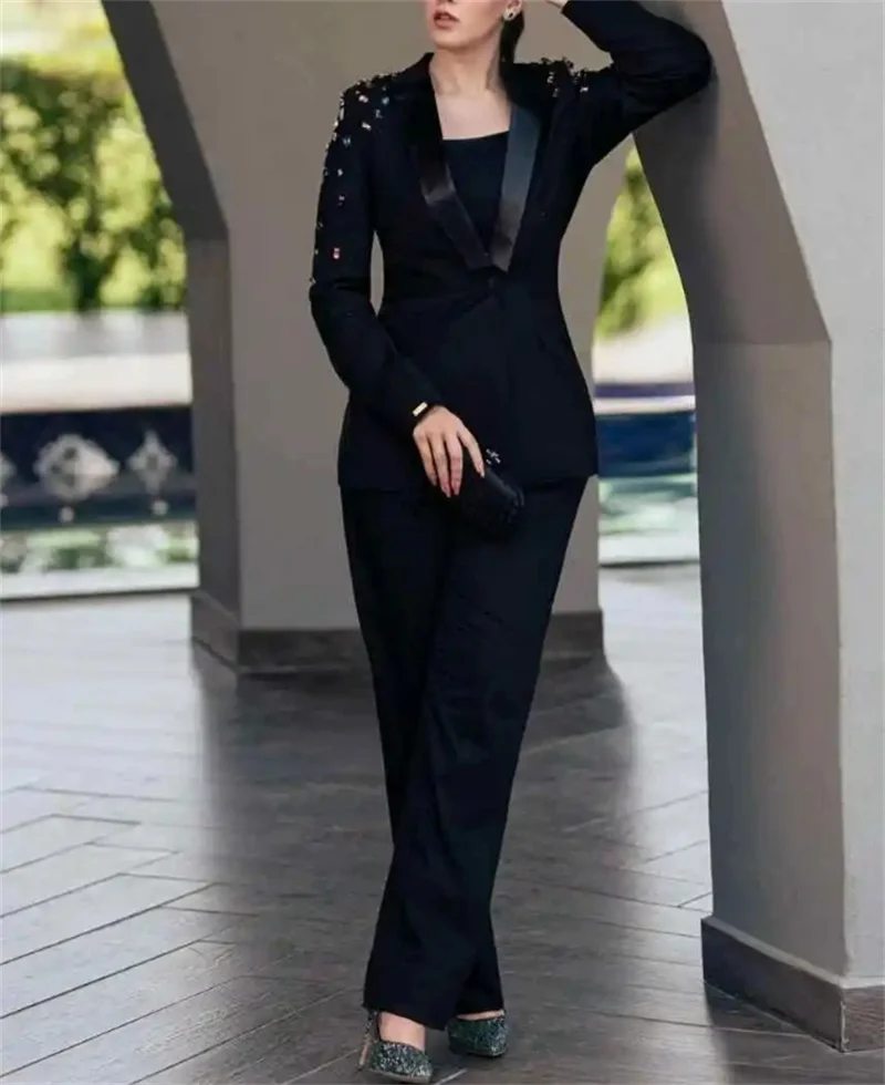 

Black Women Suit Set 2 Pcs Beaded Blazer+Pants Trousers Customized Formal Office Lady Jacket Wedding One Button Cotton Coat
