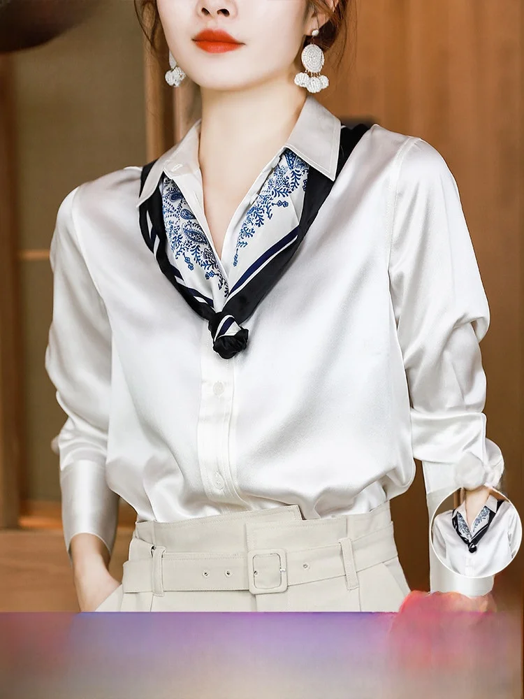 

mat Heavyweight Silk irt 35 Mumme Lady's Long Sve White Inner Wear irt Straight Cut Button Sle Spring Collection