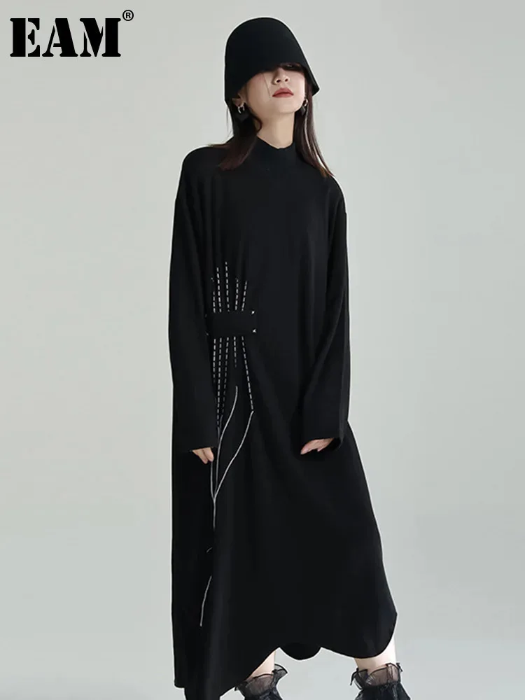 [EAM] Women Black Topstitched Long Big Size Dress New Turtleneck Long Sleeve Loose Fit Fashion Tide Spring Autumn 2024 1DF3239