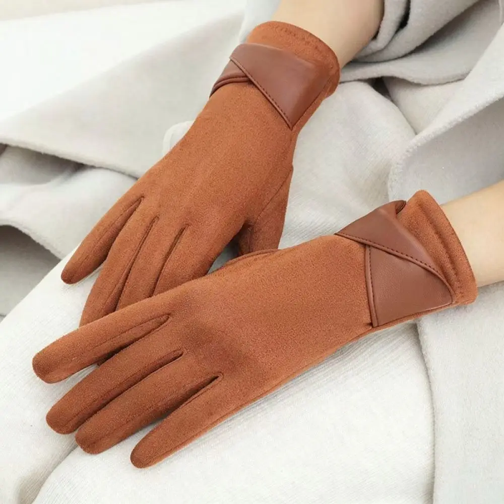 Winter Women Gloves Suede Plush Lining Touch Screen Thermal Windproof Warm Mittens For Outdoor Driving Cycling Commuting