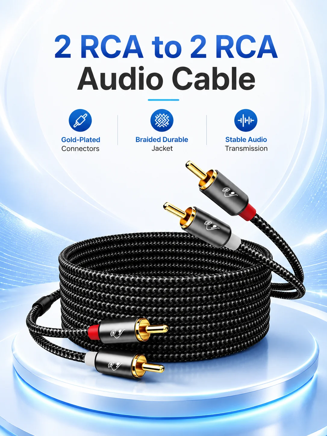 Kabel audio RG 2 RCA do 2 RCA, stereofoniczny przewód AV męski-męski, pozłacany kabel HiFi do głośników, wzmacniacza, telewizora, odtwarzacza DVD — 2