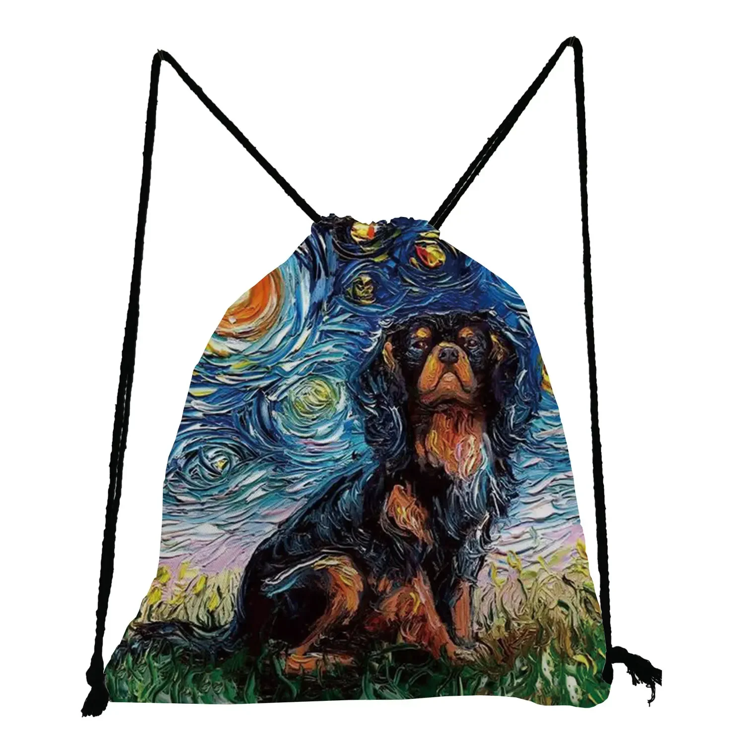 Mochila con estampado de perro y cielo estrellado para estudiantes, bolso de viaje portátil con bolsillo y cordón, para libros, zapatos, regalo, nueva moda