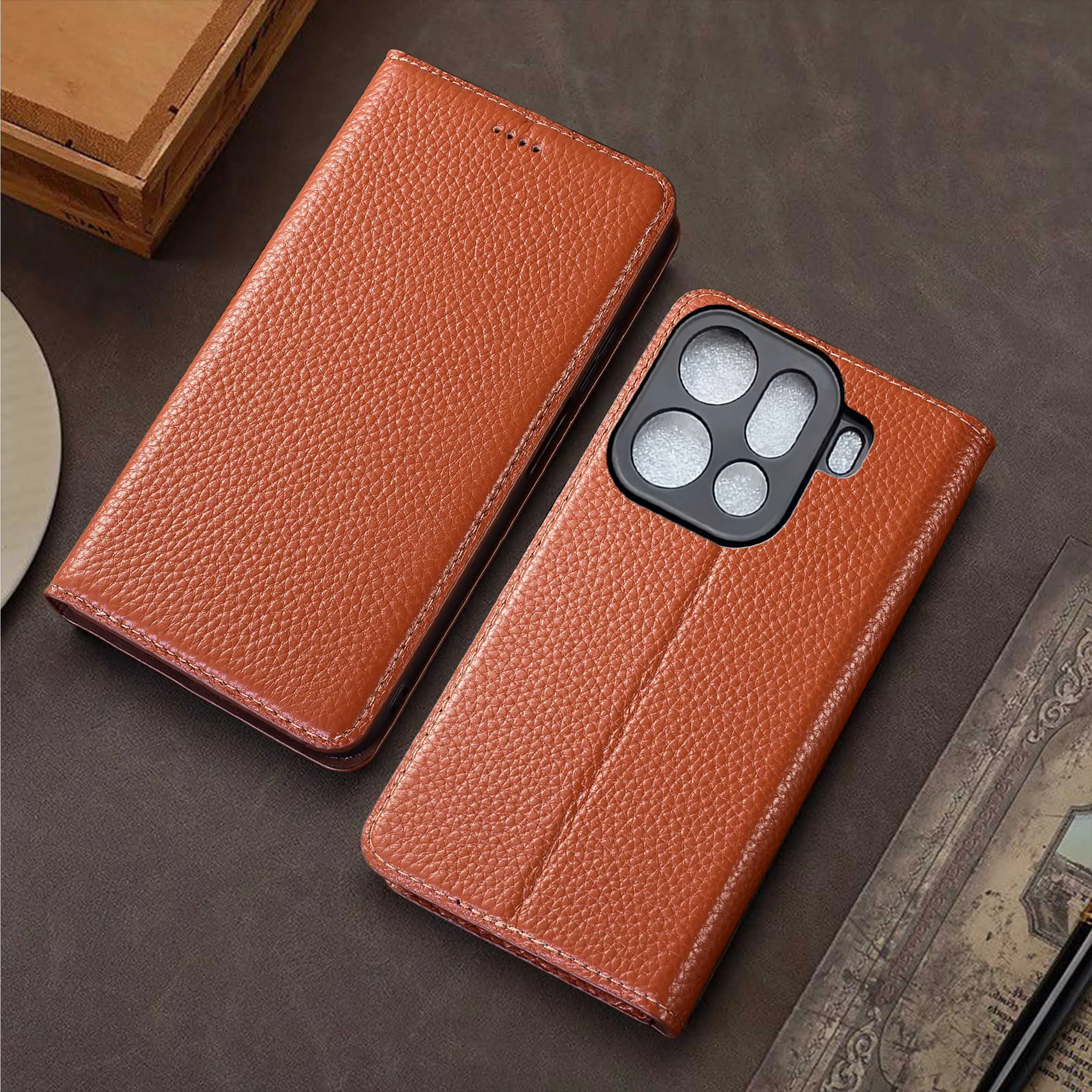 

Genuine Leather Phone Case For OPPO Find X5 X6 X7 X8 X8S X9 Pro Plus Ultra Lite Large Lychee Pattern Of Flip Cover Case Cowhide