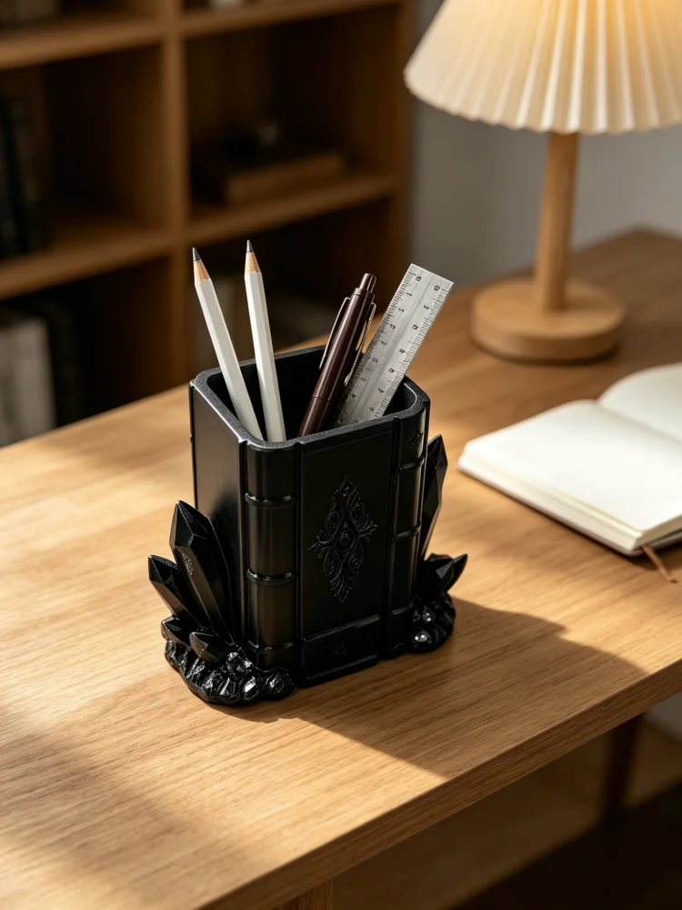 Vintage Embossed Black 3D Carved Pen Holder, Magic Ancient Book-Shaped Crystal Cluster Base, Petg Material Office Storage Container, Desktop Organizer, Stationery Storage Holder, Can Hold Makeup Brushes, Pencils, Pens, Rulers, Scissors, Desk Decoration, Gothic Style, Halloween Creative Gift for Dark Gothic Enthusiasts