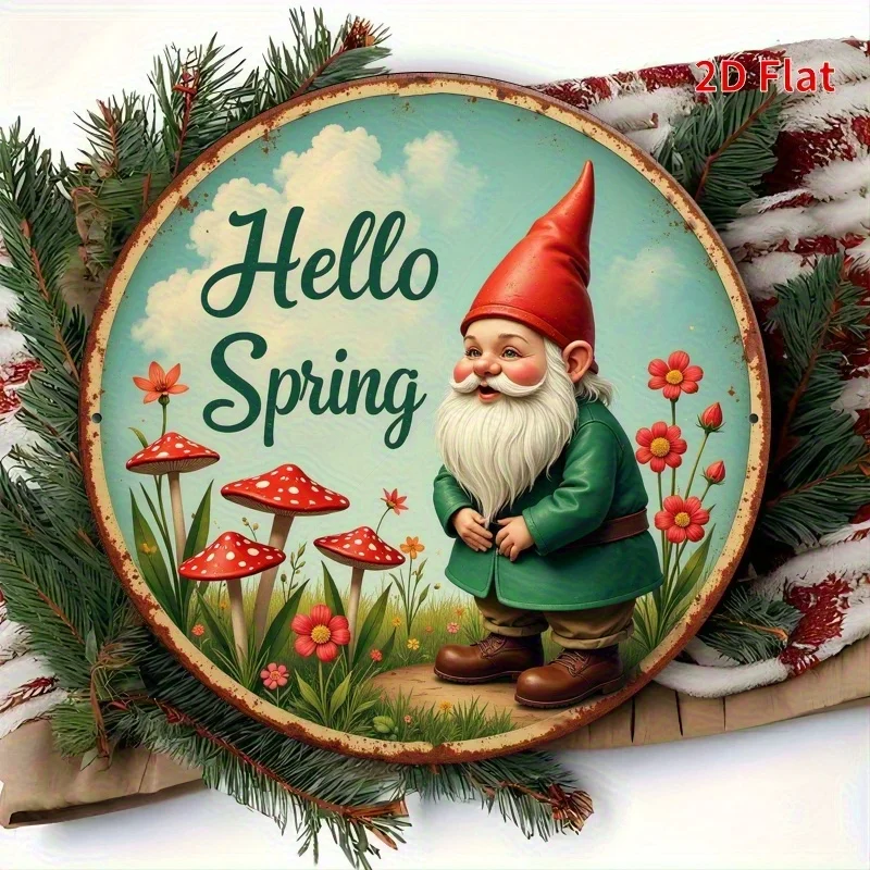 1 unidad de regalos de Pascua planos 2D de aluminio de 7,87x7,87 pulgadas, señal de bienvenida de gnomo de primavera de estilo Vintage, decoración de pared de Metal redonda con "Hello Spr