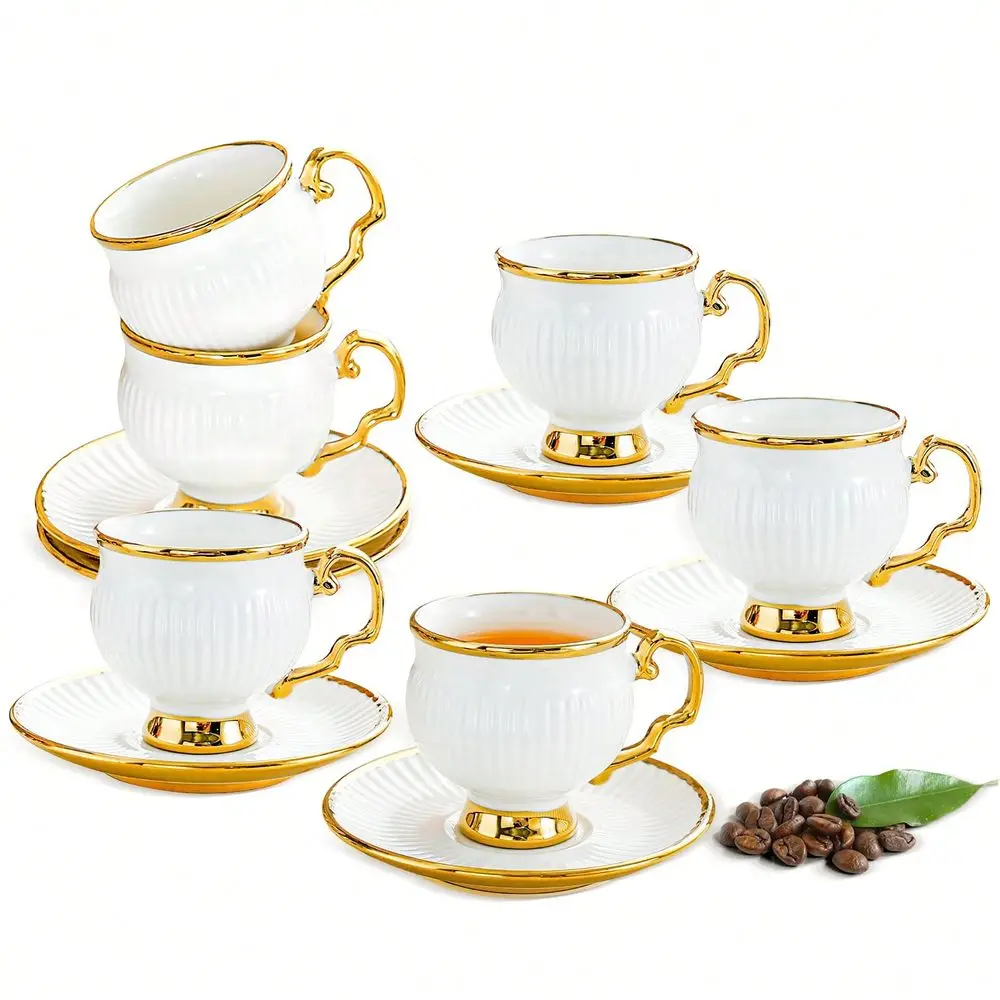 

Gold Ceramic Coffee Mug And Tray Set, 12Piece Set Of 3.5 Oz Small Coffee Cups, Coffee Mug Sets, Teacup And Sets, Adult Tea Set