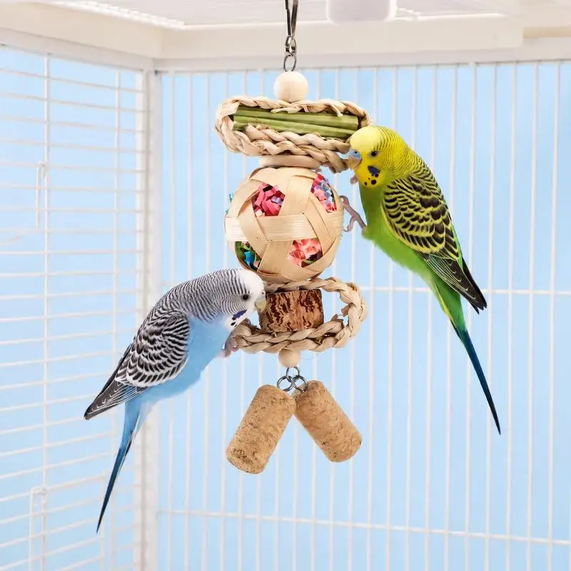 Parrot Chew Toy 1Pcs Colorful Wooden Bead Ropes Natural Blocks Tearing Toy With Hook Bird Cage Hanging Ornament