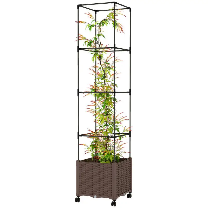 

Raised Garden Bed with Trellis, Tomato Cage with Lockable Wheels, Self Watering Planter Box with Drainage Holes, Brown