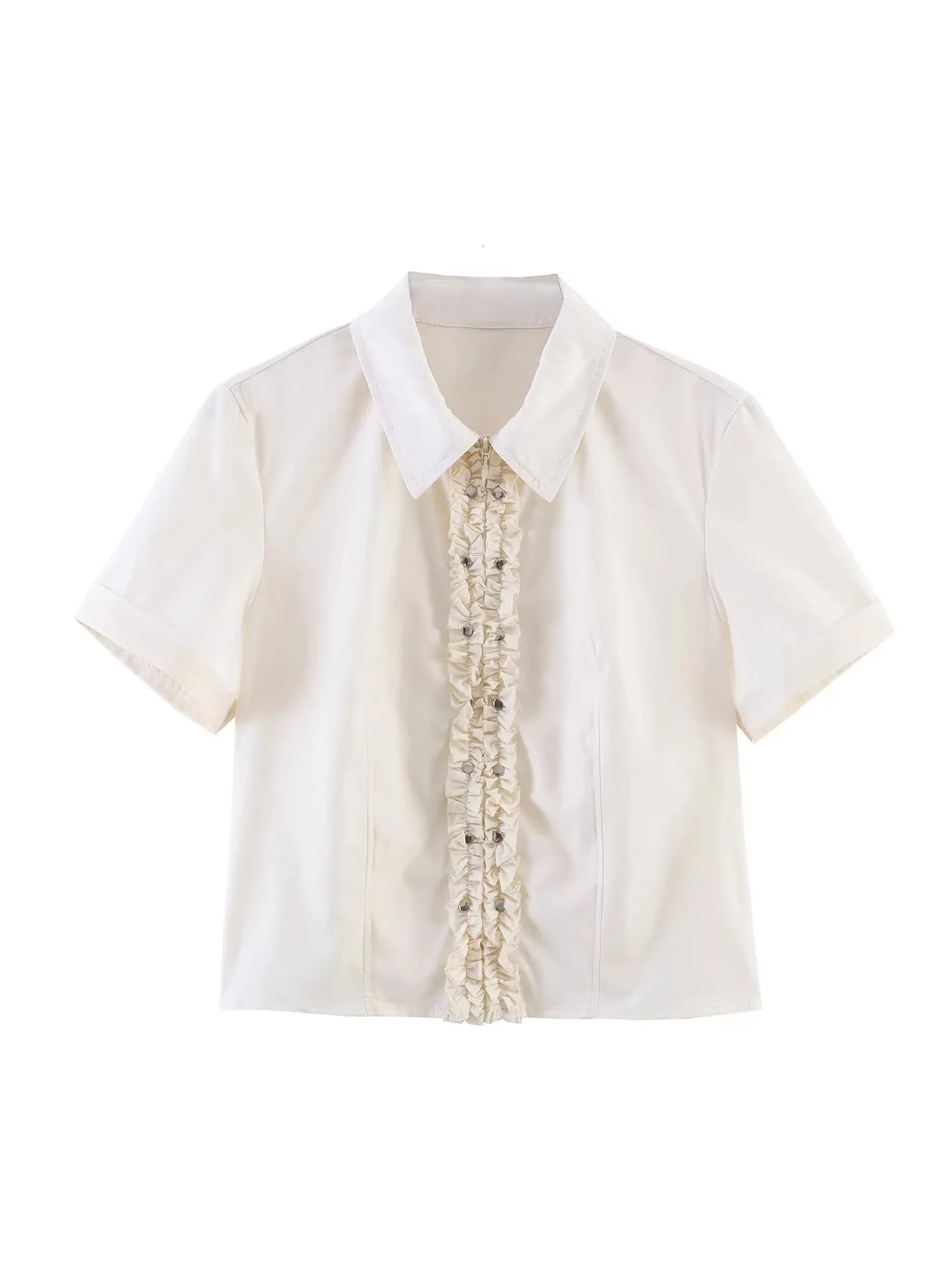 Withered Collar Rolled Edge Short Sleeved Rivet Layered Decoration Shirt+high Waisted Mini Skirt Set