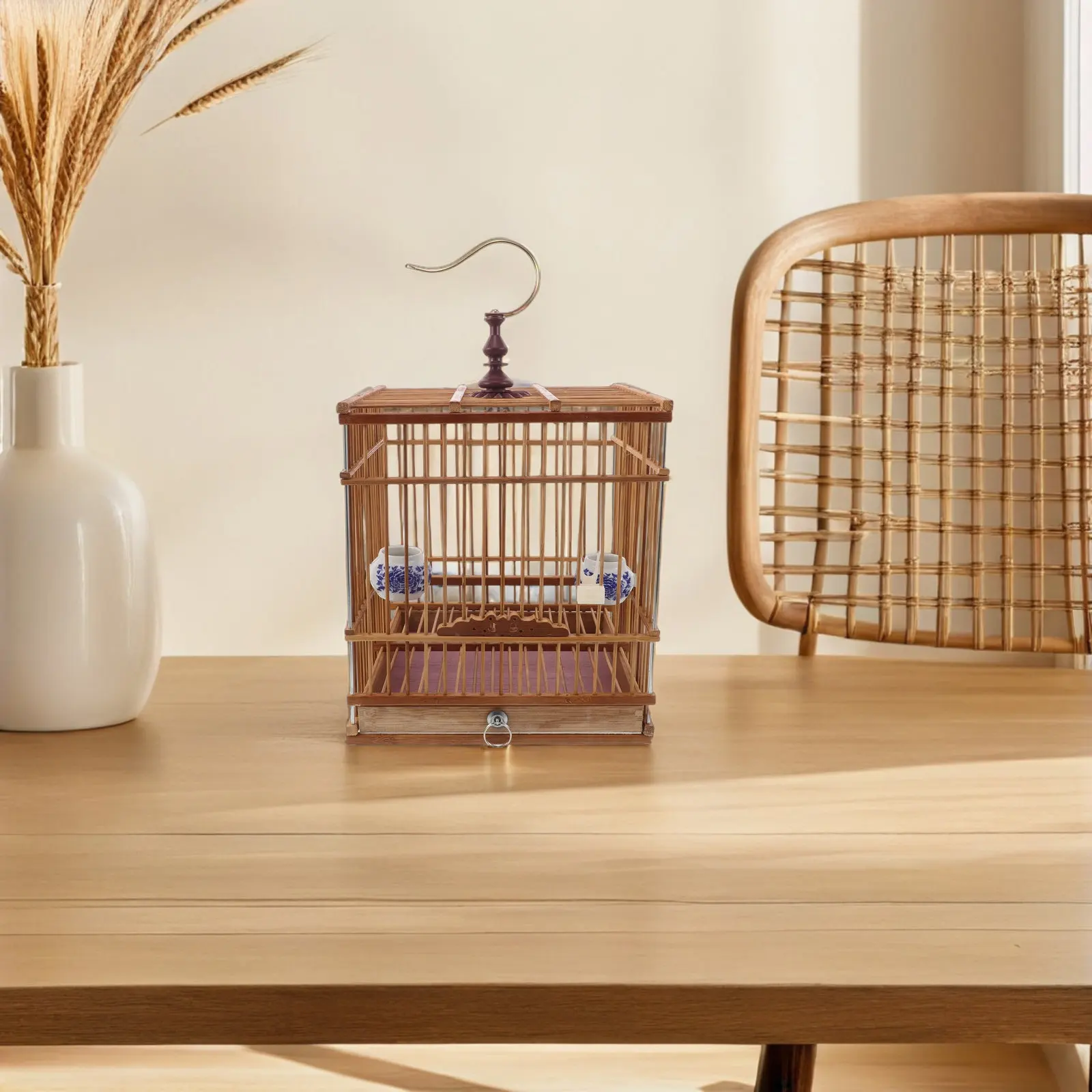 Handmade Bamboo Bird Cage Rectangular Carbonized Purple Hanging Hook Removable Tray Bird Cage for Small Birds Garden Balcony