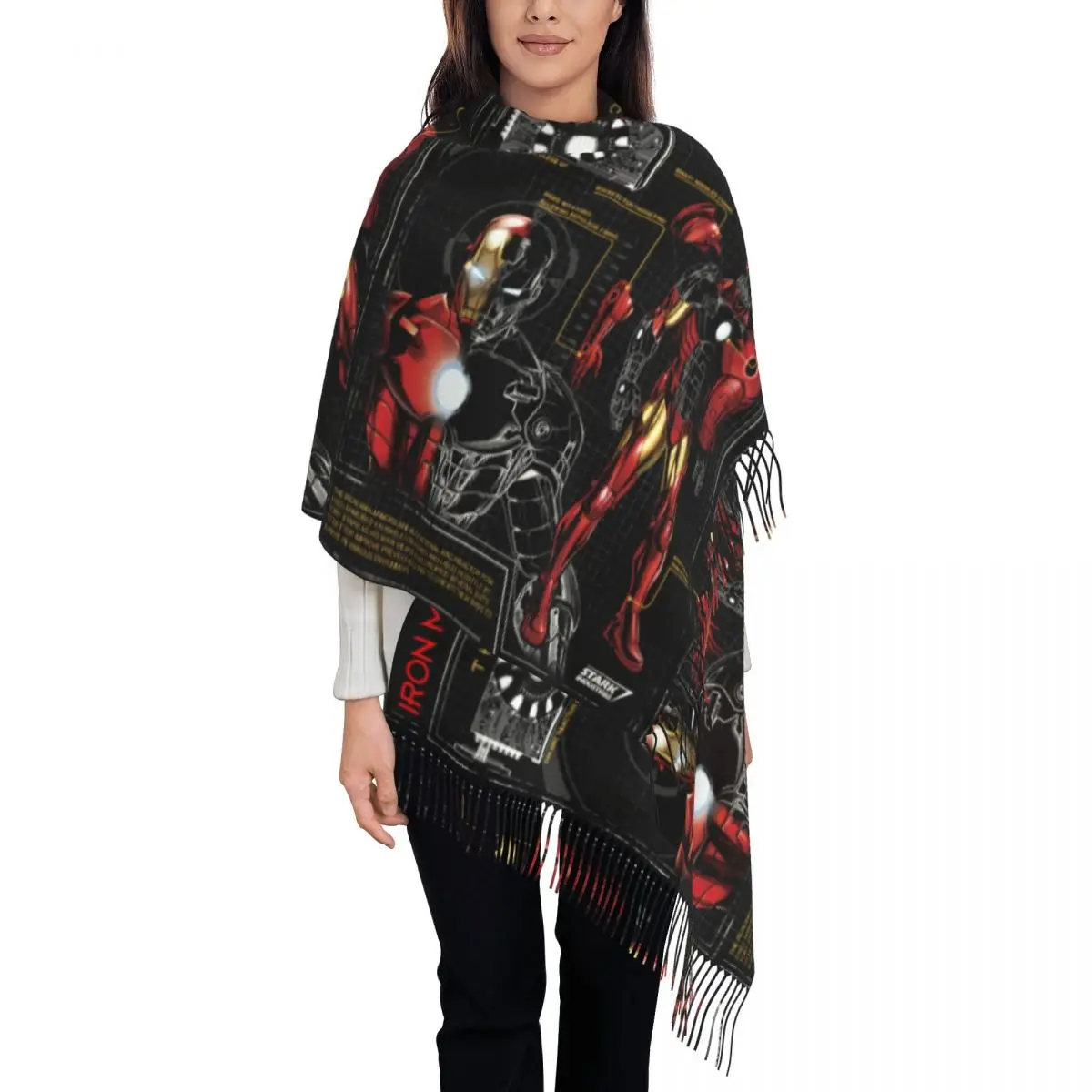 Custom Iron Man Armored Schematic Tassel Scarf Women Soft Shawls Wraps Ladies Winter Scarves