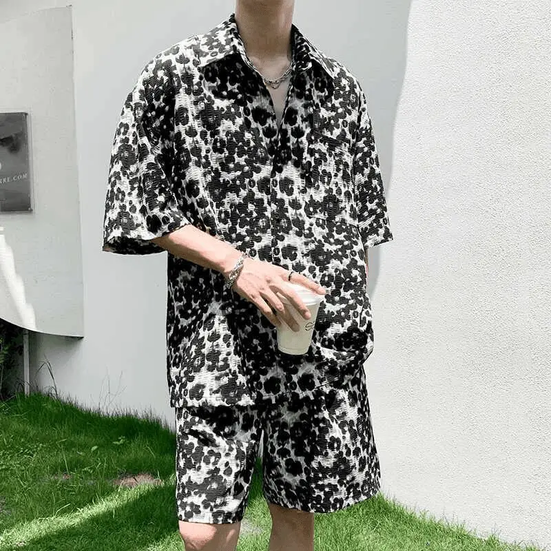 

Summer Trendy Thin Leopard Print Short-sleeved Shirt Shorts Suit Men's Fashionable Casual Versatile Two-piece Set