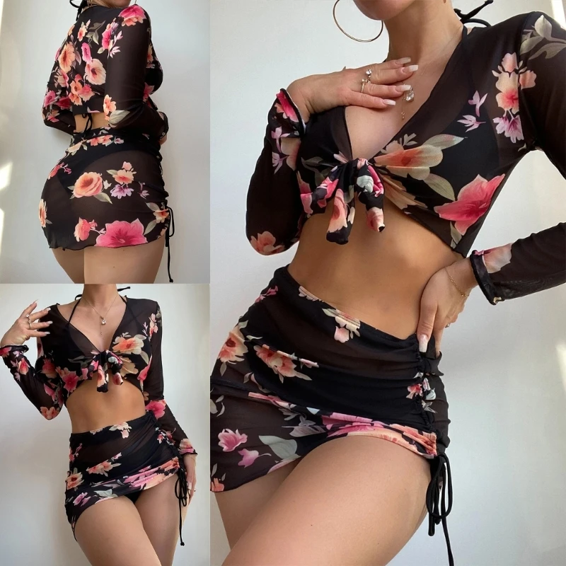 2024 New 3Pack Women Wrap Triangle- Bikini 3Pieces Swimsuits Bathing Suits with Long Sleeve Cover Up Skirt