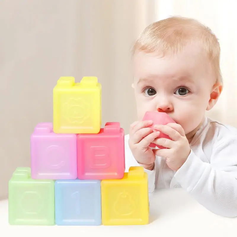 Teething Stacking Blocks 6 Pcs Building Blocks Babies Gums Teether Food Grade Soft Silicone Cute Chew Toys Sensory Exploration