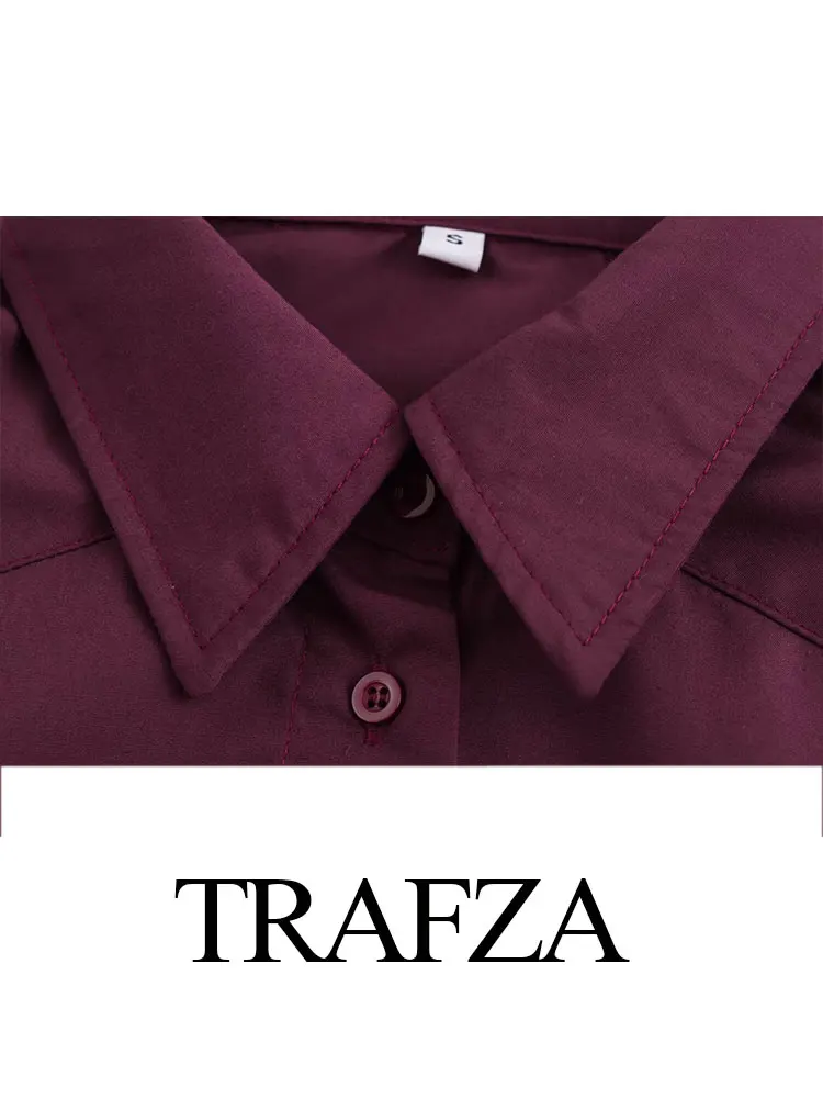 TRAFZA, Top holgado de manga larga con solapa y una hilera de botones para mujer, ropa de calle de otoño para mujer, camisa de manga raglán Borgoña a la moda Y2K