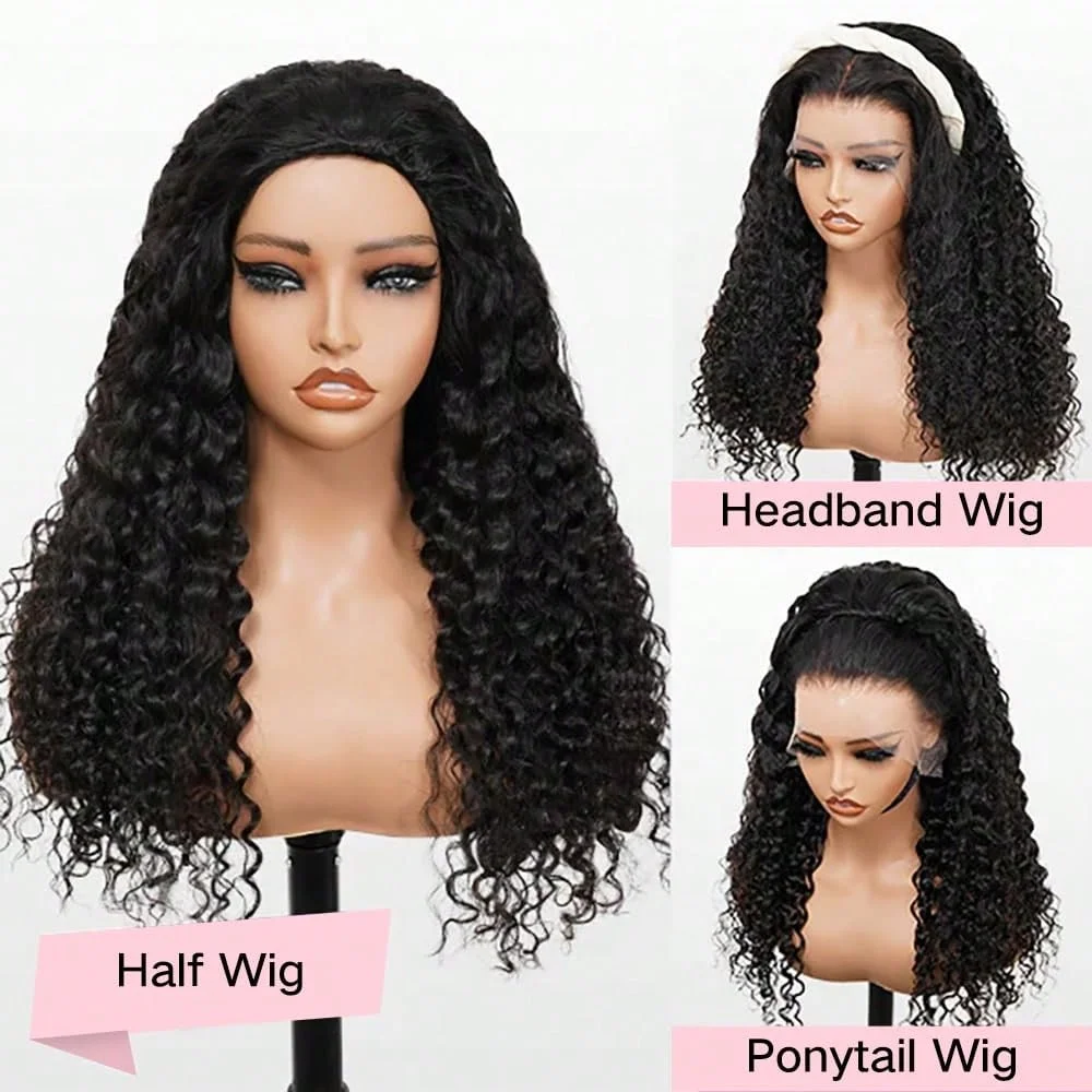 Half Wig Human Hair Jerry Curl With Drawstring Glueless Wear With Or Without Headband Wigs Human Hair For Women Beginner Friendly 250% Density 30 Inch