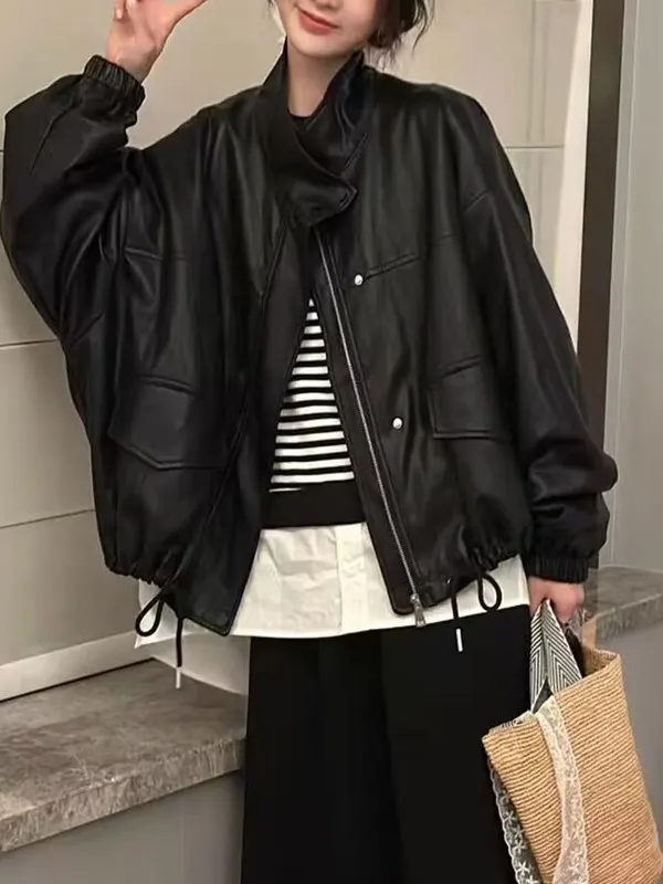 

Retro American Style Street Fashion Leather Jacket Women's Small Size Autumn New Arrival Stylish Anti-Aging PU Leather Coat