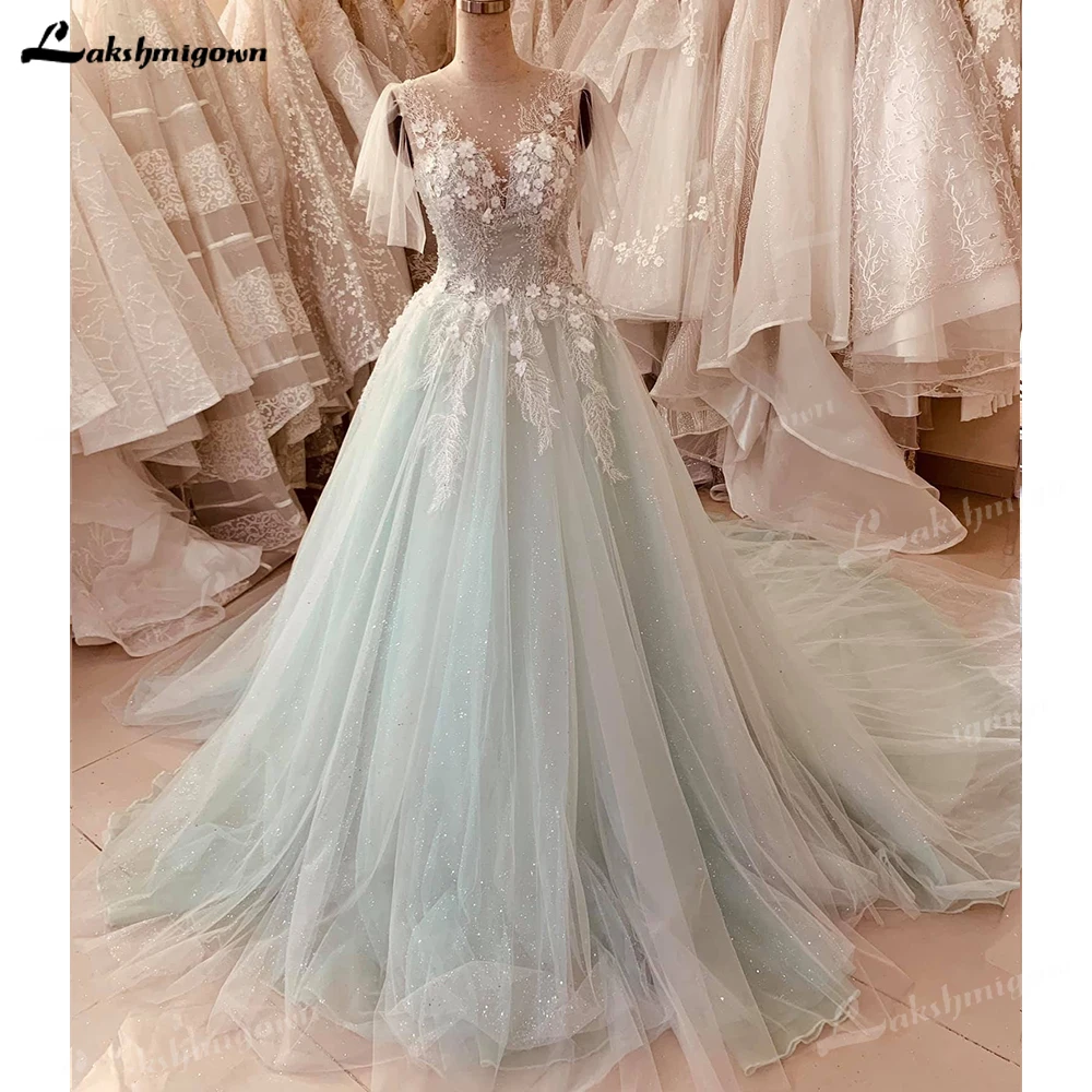 Mint Green Floral Lace Flutter Sleeve Wedding Dress Ball Gowns A-Line Floor-Length Lace Appliques Bride dress vestido de novia