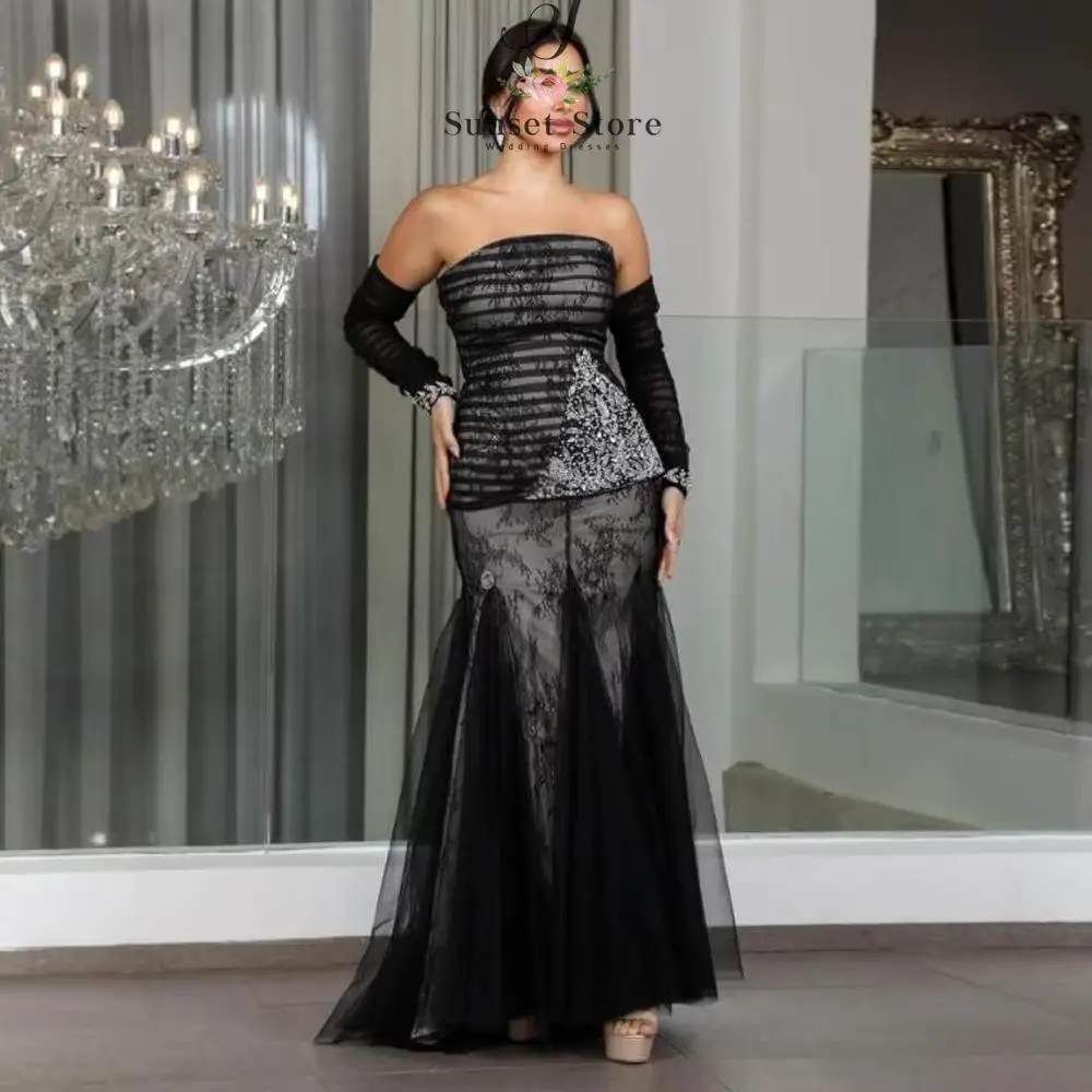 Customized  Evening Dress with Removeable Sleeves Lace Mermaid Wedding GuestOutfit Ruffles vestidos de novia