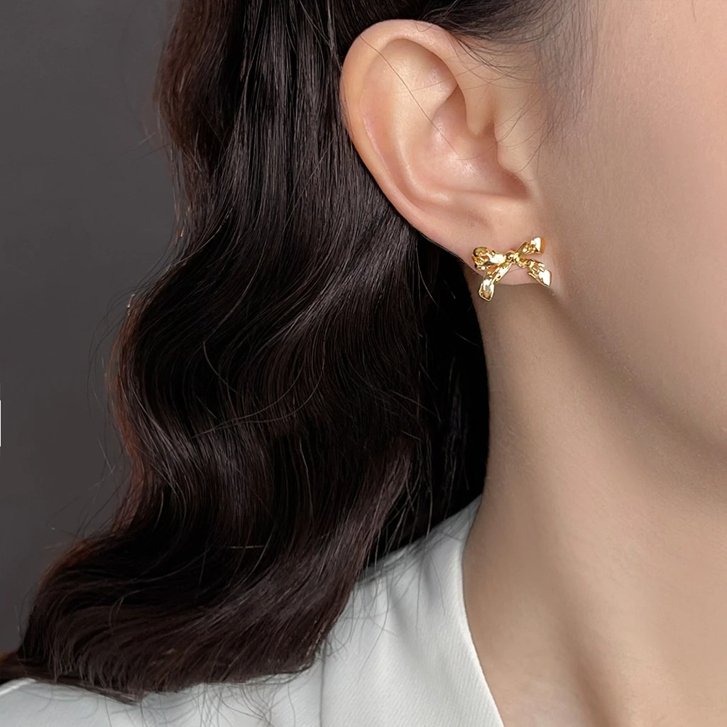 14K Gold Plated Copper Bow Stud Earrings Minimalist Solid Bowknot Ear Studs Sweet Daily Jewelry Gift For Women Girls