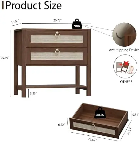 Rattan Nightstand with 2 Drawers and Open Shelf, 27